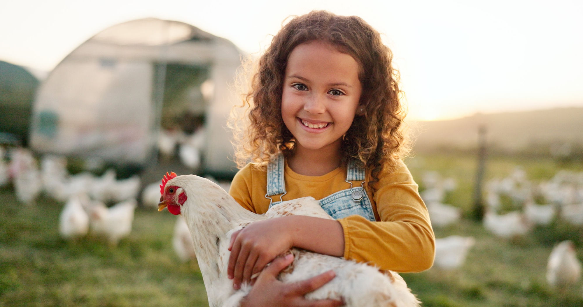 Girl with chicken at Hopecote Farm